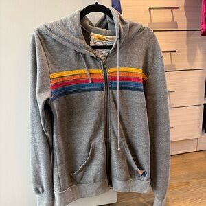 Aviator Nation Gray Zip-Up Sweater with Colorful Stripes
